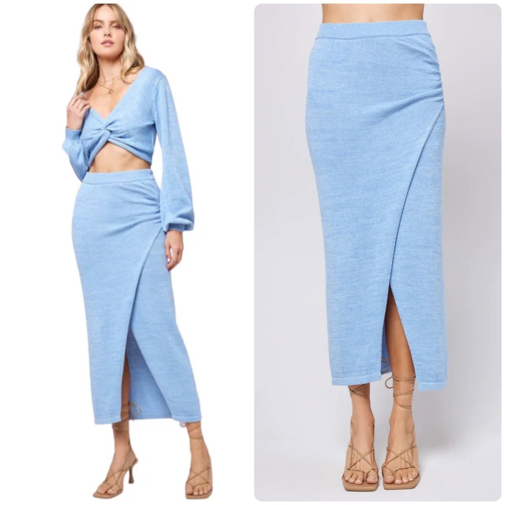 L*Space Womens Blue Siren Ruched High Slit Cotton Knit Midi Skirt Size‎ S